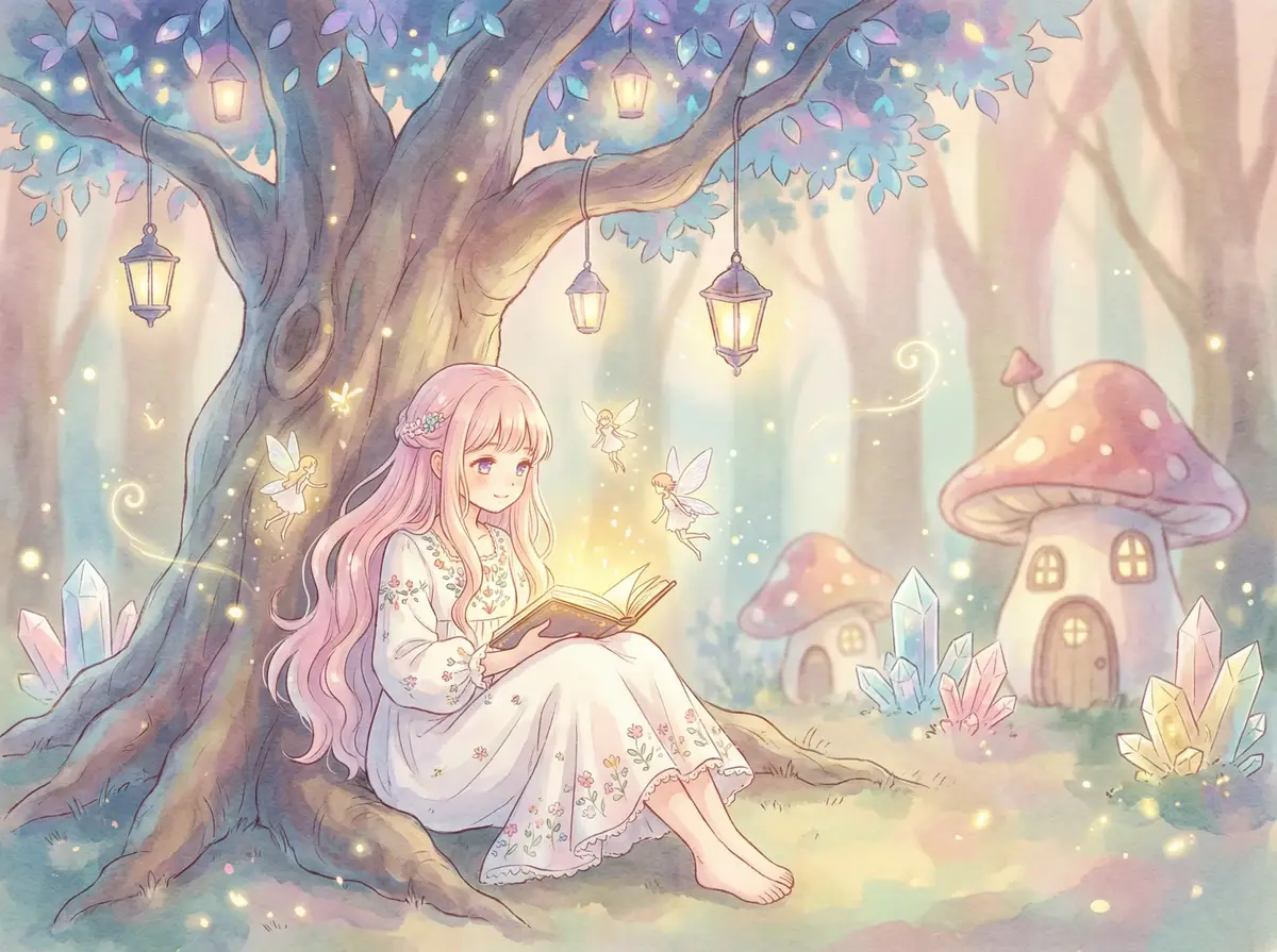 四虎影城库 - 魔法森林中阅读故事书的粉发少女与精灵